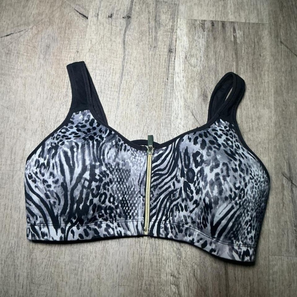Grey/black animal print sports bra with gold zipper, Size: 38D